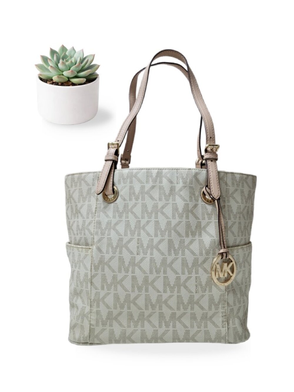 Michael Kors Jet Set Signature Tote Vanilla MK Handbag Tote Gold Shoulder Bag
